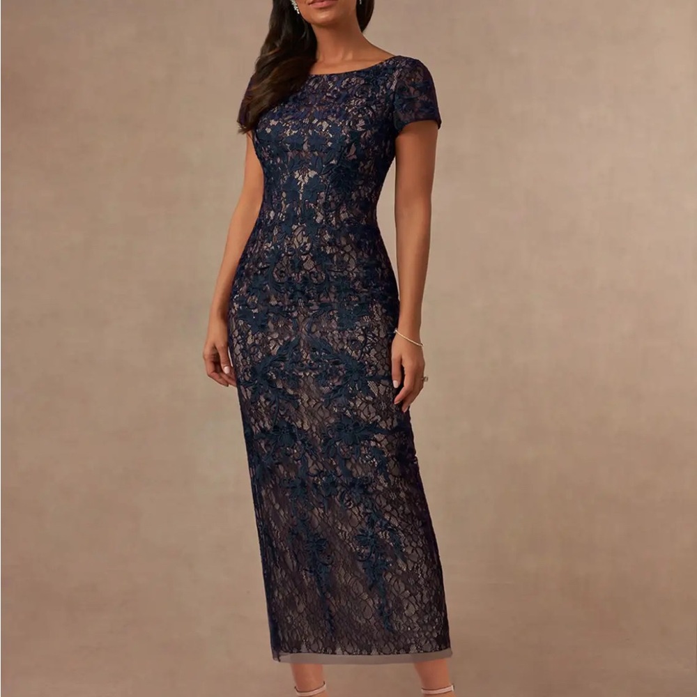 Elegant Navy Lace Evening Gown- Azazie Alyssum